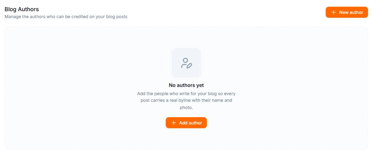 Screenshot of the Blog Authors page with the New author button